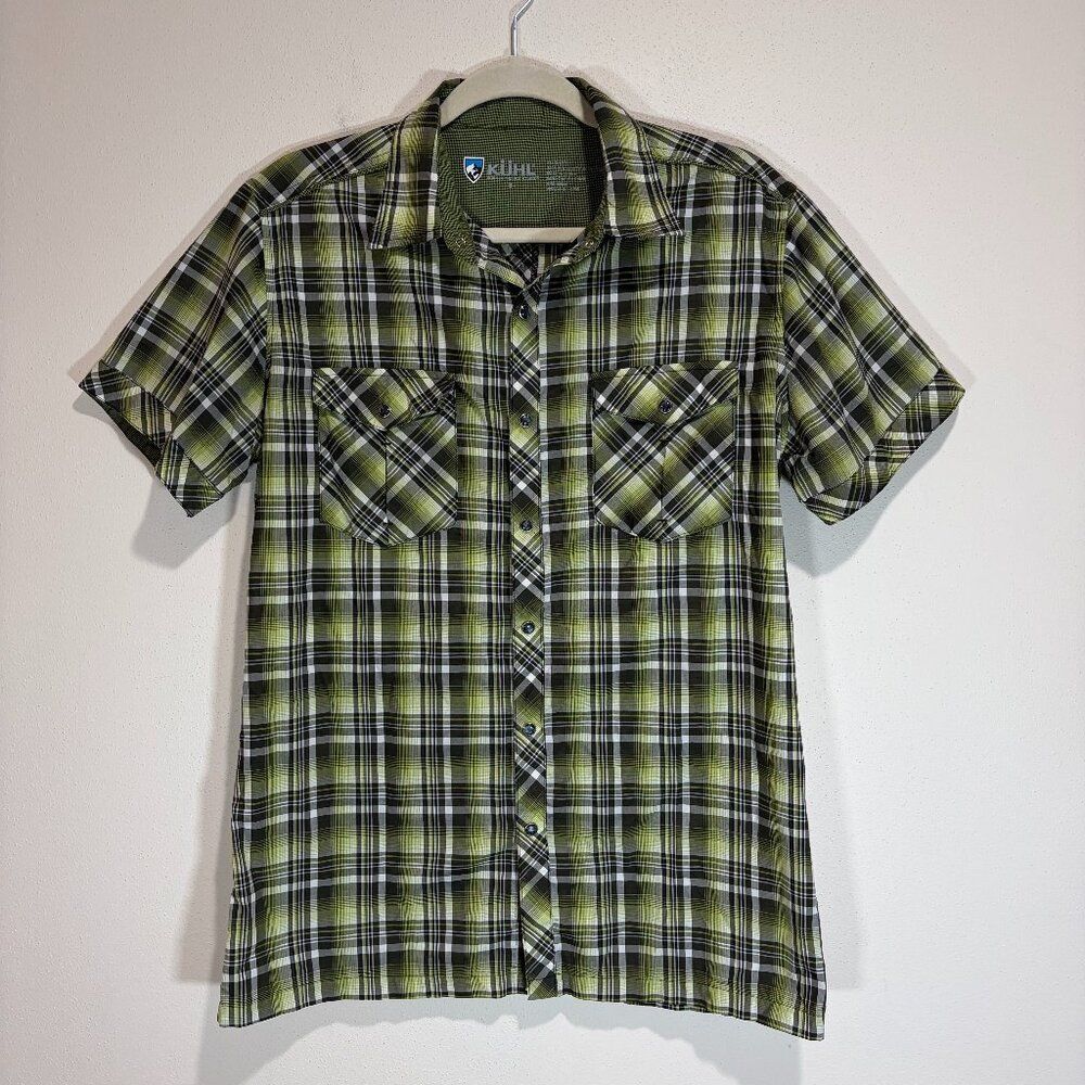 Kuhl S Eluxur Green Plaid Collared Short Sleeve Button Down Shirt Flap Pocket
